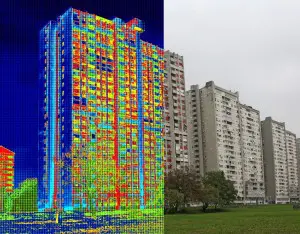 Infrared and real image showing lack of thermal insulation on Residential building